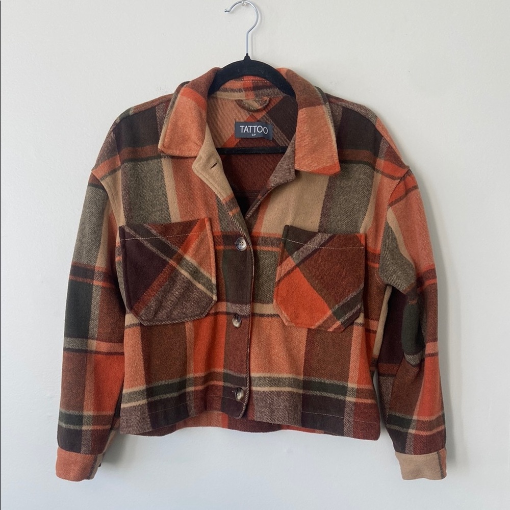 Tattoo Plaid Shirt Jacket – Multicolor (Cream, Brown & Orange)
